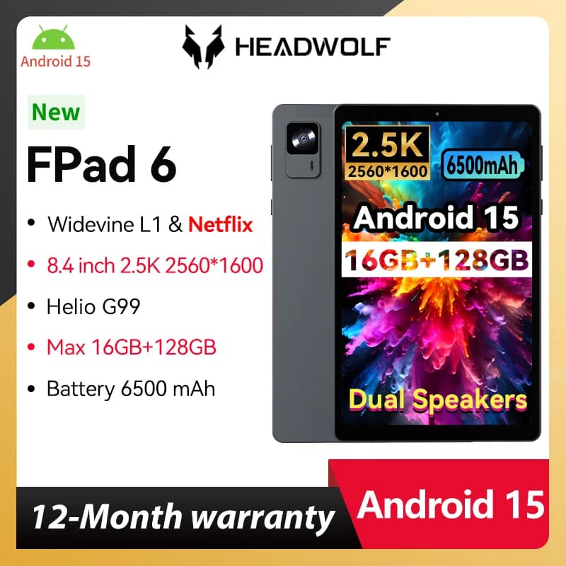 HEADWOLF FPad 6 Tablet Andorid 14 da 8,4 pollici 8 GB RAM 128 GB ROM MTK G99 Octa-core 4G SIM 6500 mAh Batteria