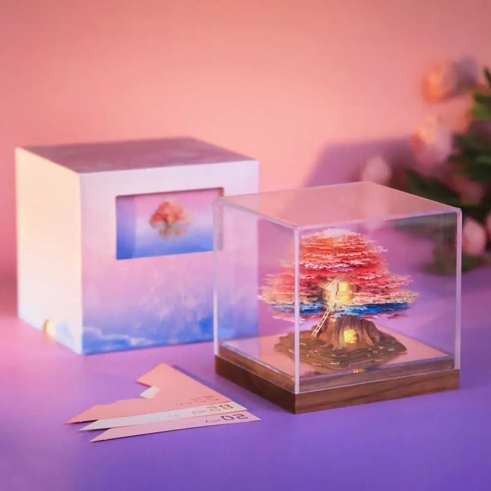 Note adesive 3D di romantico albero di fiori di ciliegio scultura di carta calendario con luci blocco note artigianale note memo note decorazioni in carta