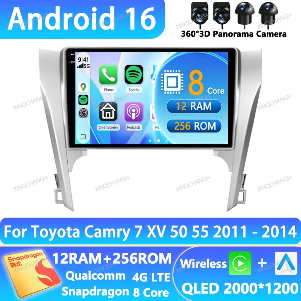 Android 16 Car Radio For Toyota Camry 7 XV 50 55 2011 - 2014 BT Multimedia Stereo Video Player 4G LTE 5G WIFI 2DIN GPS Qualcomm