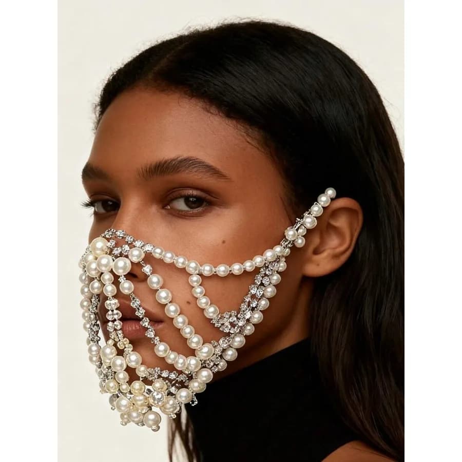 1 Pc Pearl Half Face Mask Jewelry Women - Masquerade Mask With Pearls And Rhinestones, Elegant Halloween Costumes Accessories