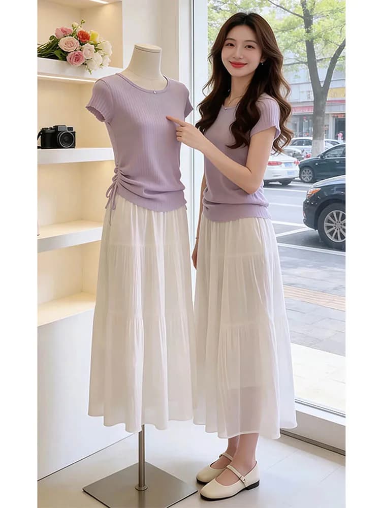 Fashionable Slim Fit Women's Casual Wear Set Short Sleeve T-Shirt And High Waist Skirt Two Piece Ensemble Summer 2026