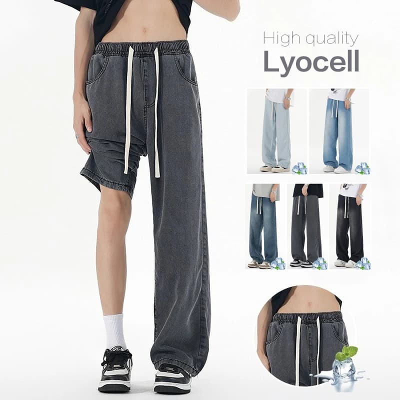 Jeans da Uomo in Tessuto Lyocell Primavera-Estate, Stile Coreano Sottile, Larghi e Dritti, Casual con Cordoncino, Pantaloni in Denim per Ragazzi Urbani