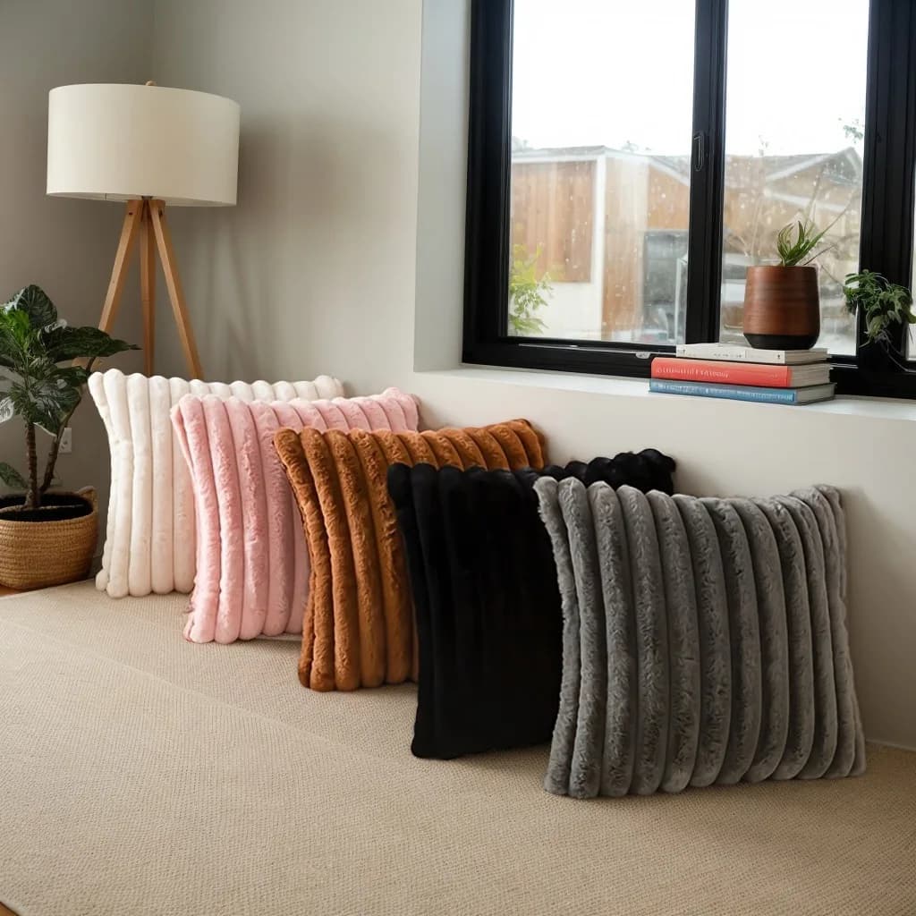 Solid Color Soft Plush Cushion Cover Faux Rabbit Fur Ribbed Pillowcase Sofa Office Decoration Square Pillow Cover Home Supplies
