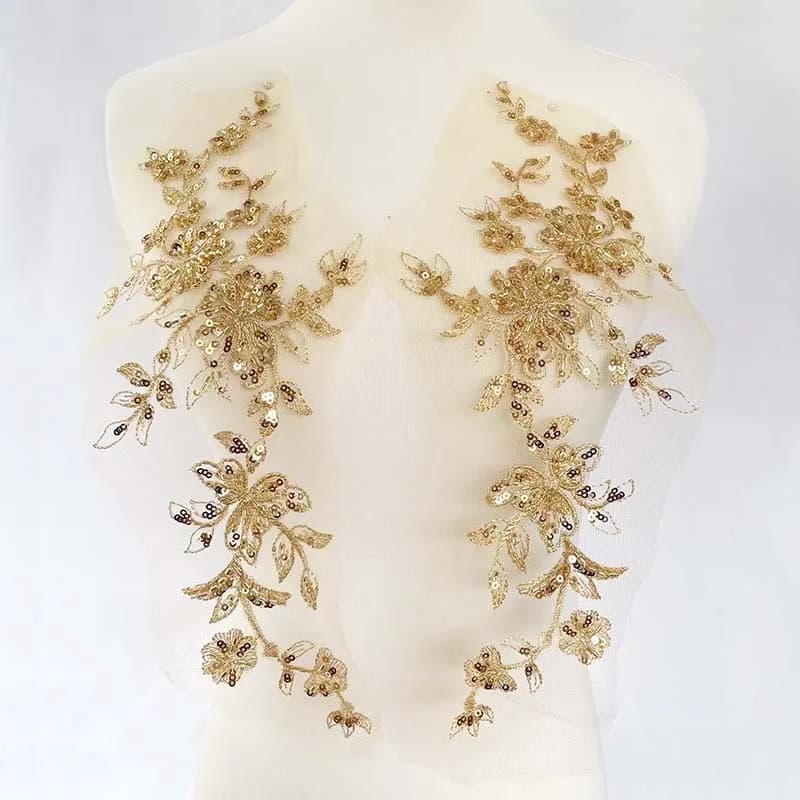 1Pair/33*13.5CM Gold Flower Glitter Lace Appliques Tube Beaded Sequin Embroidery,Bodice Applique Sewing Patch For Dress Decor
