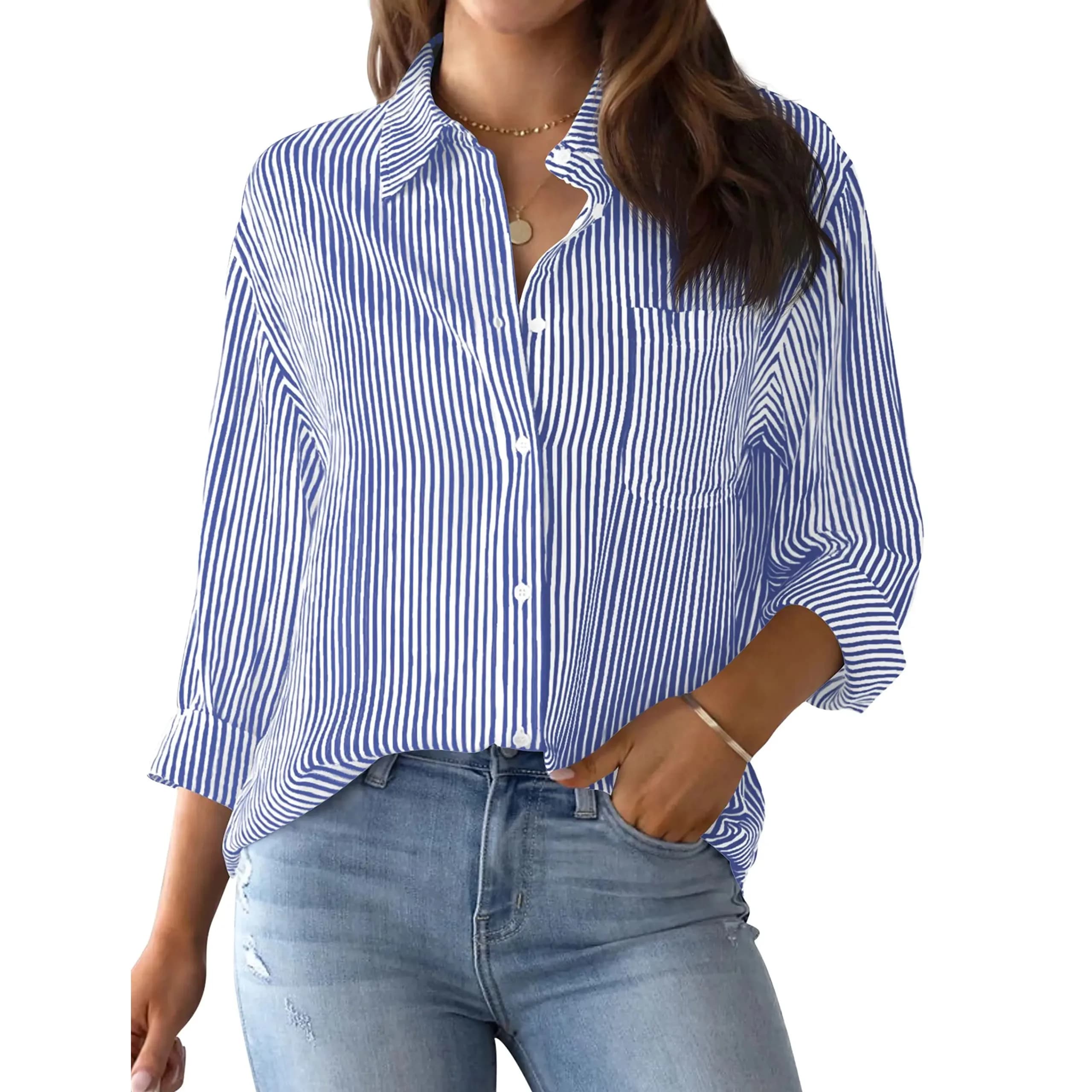 2025 Classic women's basic shirt with striped print Long sleeve shirt Casual shirt with buttons Slim basic women's shirt with daily office