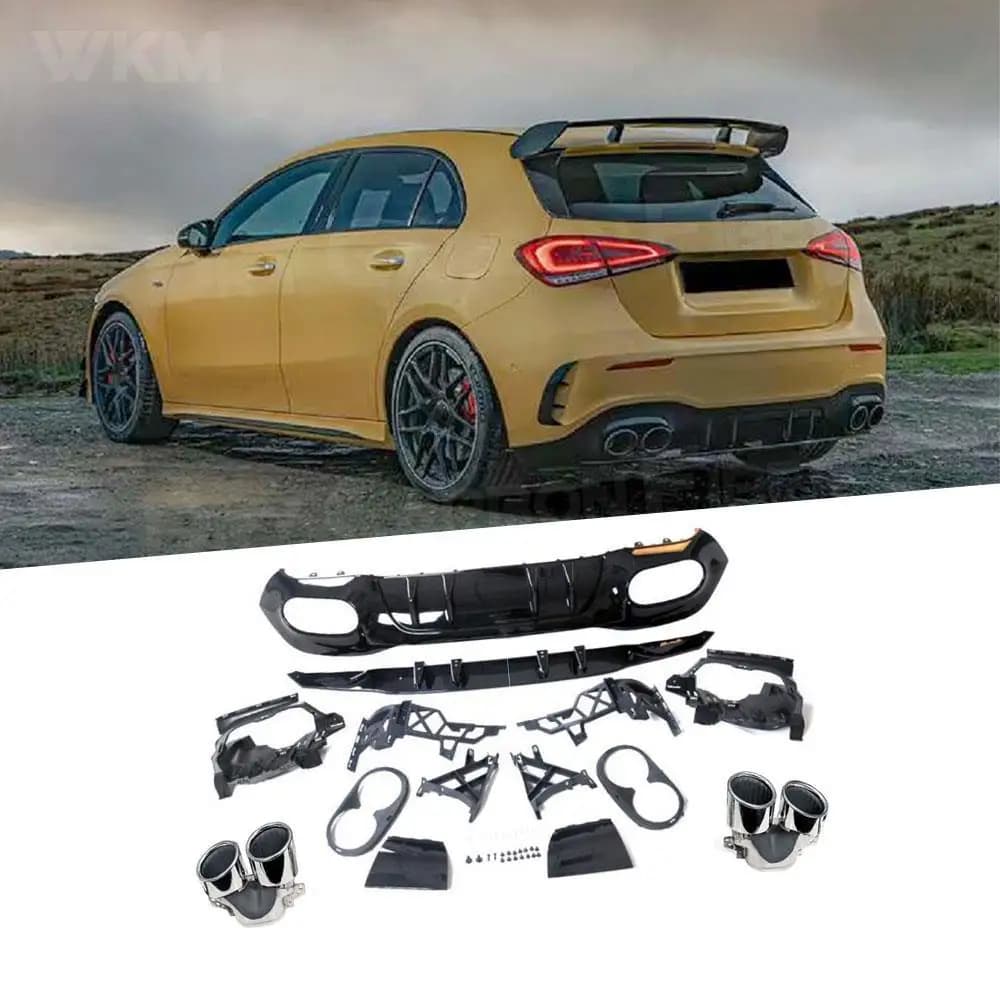 Black rear bumper diffuser with exhaust terminals + Mercedes Benz Class A W177 A180 A200 A250 A35 A45 Hatchback 2020+