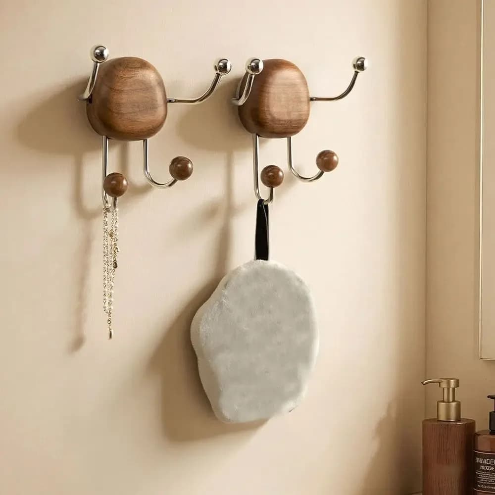Solid Wood Wall Mounted Organizer Rustproof Stainless Steel Suction Cup Hook Rack Decorative No Drilling Wall Hook Bedroom