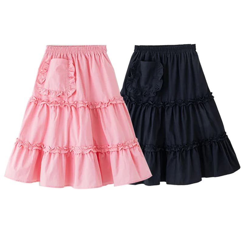 Gonna per ragazze Primavera Estate 2026 Nuovi bambini Lace Ruffle A-Line Dolce abito lungo Scuola Adolescente Moda casual Gonne a strati Abbigliamento quotidiano
