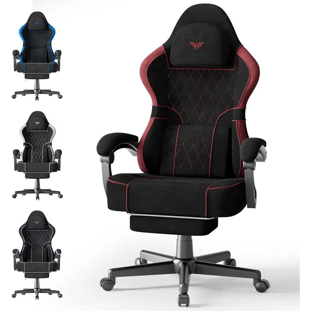 Sedia da Gaming di Lusso in Velluto con Massaggio, Poggiapiedi e Supporto Lombare per Adulti, Stile Racing Ergonomico con Schienale Alto, Nero e Rosso