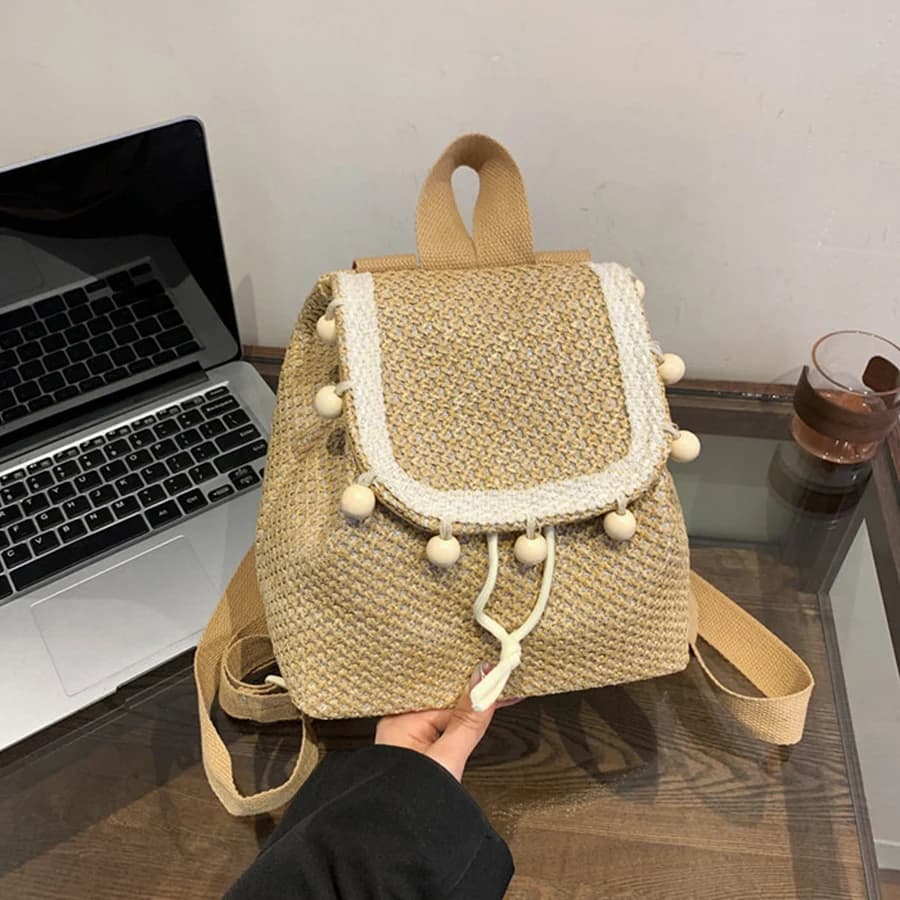 Small Drawstring Flap Backpack Women Mini Straw Woven School Bagpack Fashion Travel Commuter Shoulder Bag Girls Beaded Bags sac