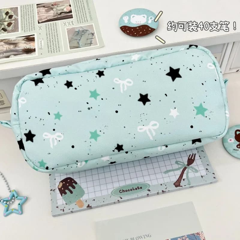 Ins Style Mint Star Mini Square Pencil Case, High-value Durable Large Capacity Stationery Bag for School Use