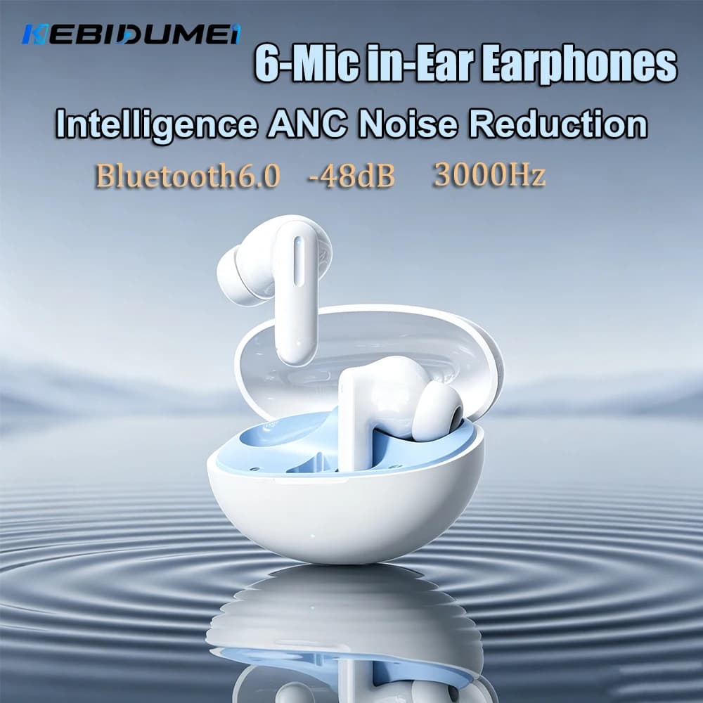 KEBIDUMEI 6-Mic BT 6.0 Wireless Earphones -48dB Smart ANC Noise Cancelling Headphones HiFi Stereo True Wireless Gaming Headsets