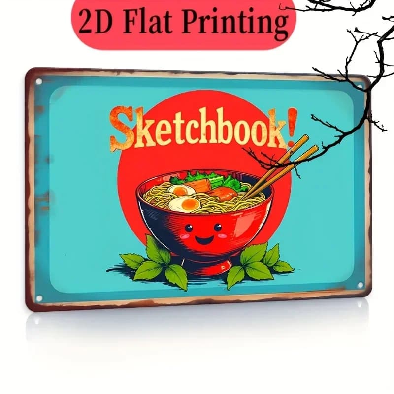 Japanese Ramen Cartoon Metal Sign - Retro Iron Wall Art, " Sketchbook!" Design with Colorful Noodle Bowl & Chopsticks, Perf