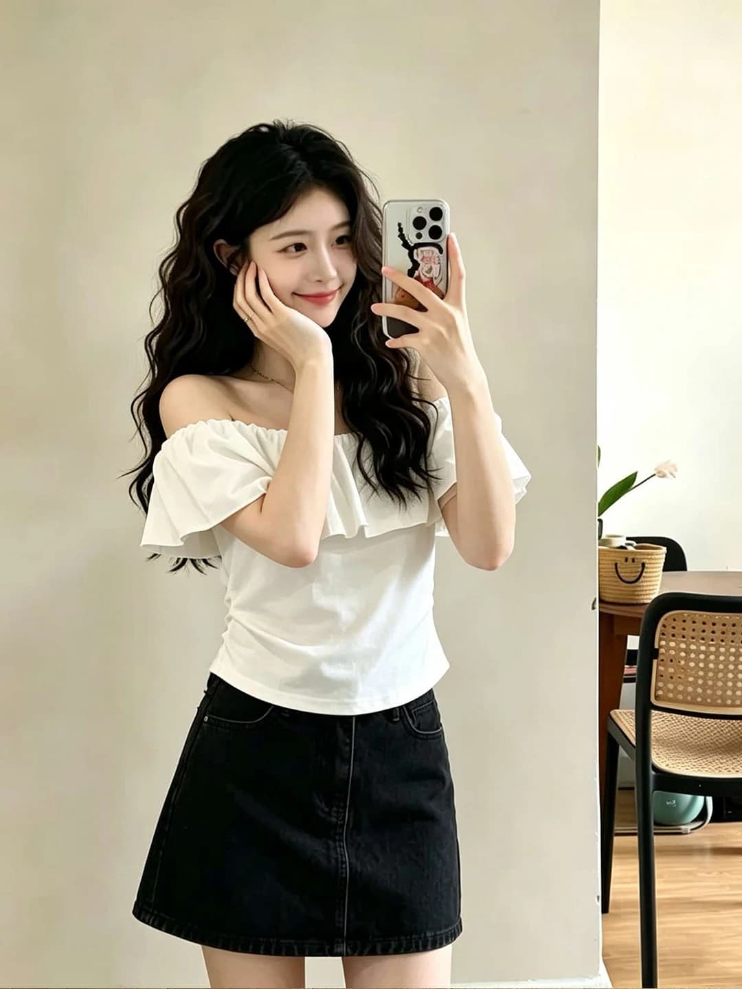 Sweet White Ruffle Shoulder T-Shirt Korean Style Slimming Top Summer Fashionable Women's Citywalk Pure Color Short Sleeve