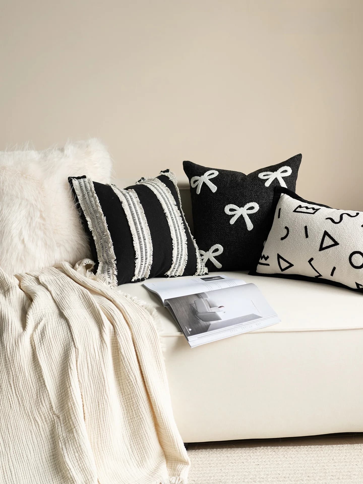 Cuscino per Divano, Schienale di Lusso, Decorazione per Sala Espositiva, Bianco e Nero, Semplice, per Soggiorno, Supporto per Letto, Quadrato, con Imbottitura in Cotone PP