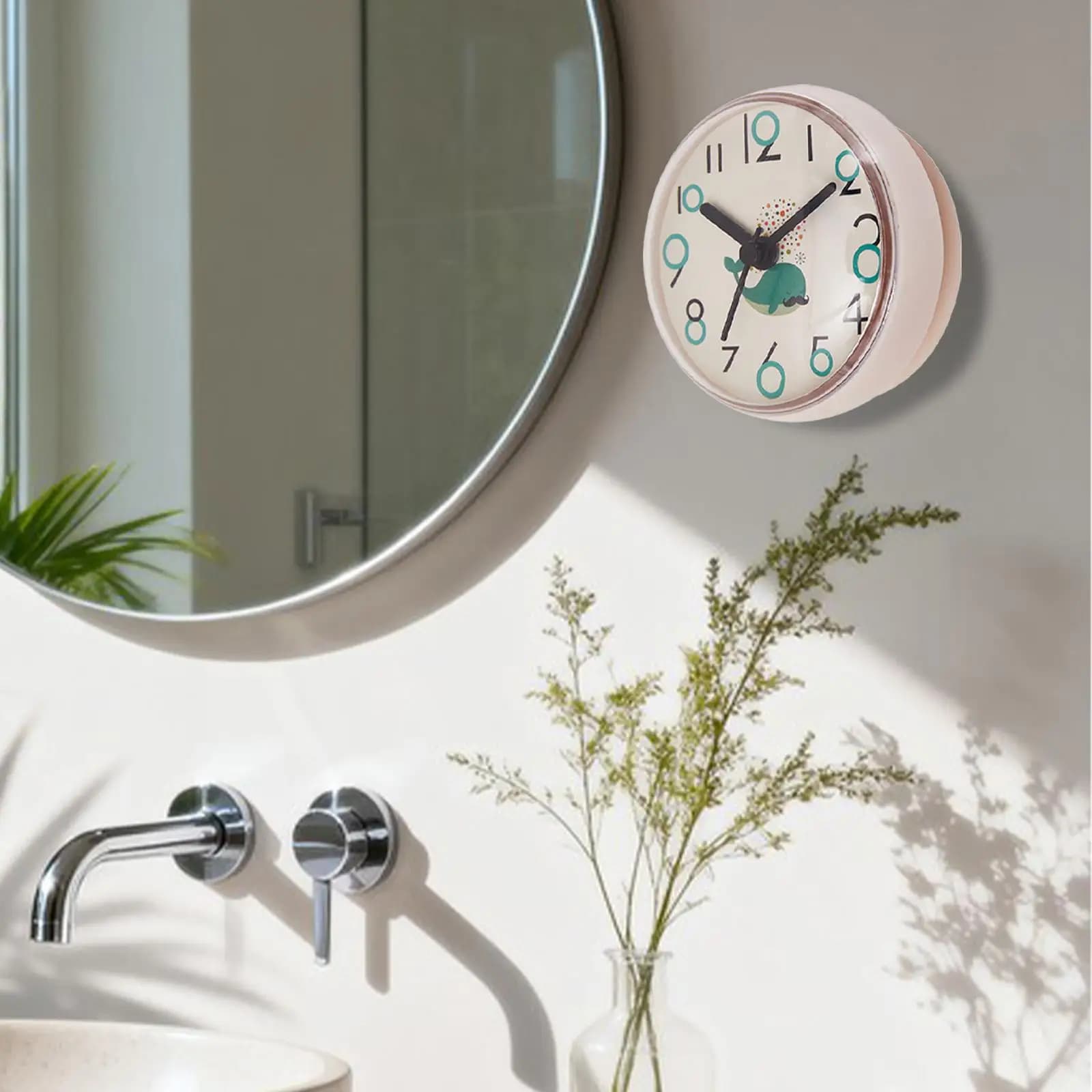 Bathroom Shower Clock,Silent Wall Hanging Decoration Home Decor with Suction Cup Waterproof Round Clock for Refrigerator Cabinet