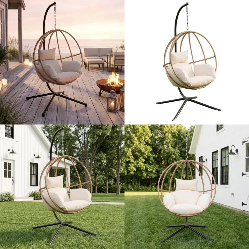 Sedia a dondolo sospesa da esterno con supporto, resistente alle intemperie, seduta imbottita in metallo per patio o balcone, beige