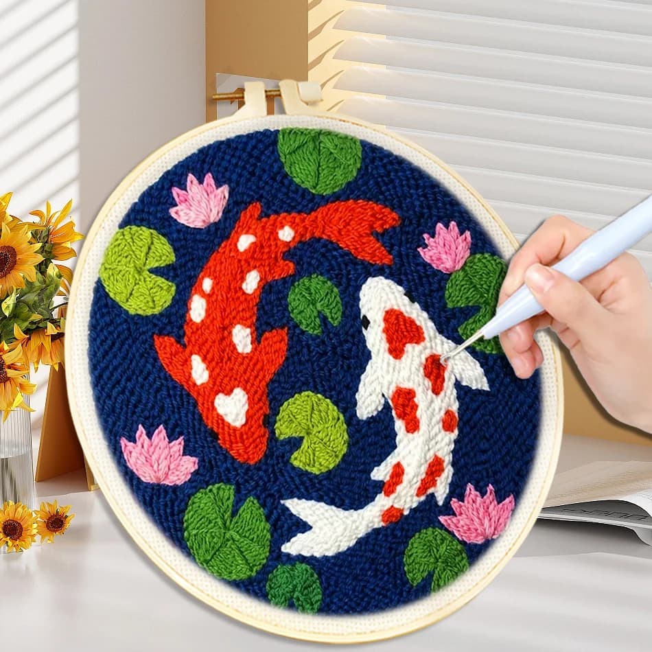 20X20CM Fish Pattern Punch Needle Embroidery Set Kit Magic Pock Pen Set With Embroidery Frame Sewing DIY Crafts Handicrafts Gift