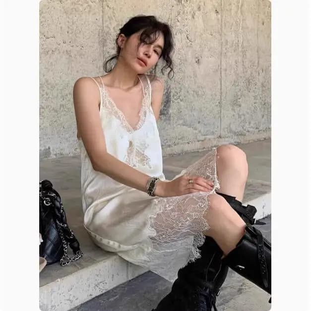 Abito Estivo da Donna in Acetato con Inserti in Pizzo, Senza Spalline, Bianco, a Vita Alta, Stile Coreano, Scollo a V, Modello A-Line