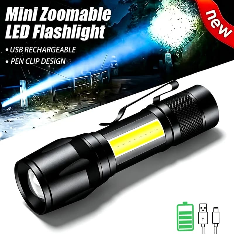 Mini LED Flashlight COB+XPE Portable Torch USB Charging Camping Lantern Zoomable Focus Light Tactical Flashlight with Pen Clip