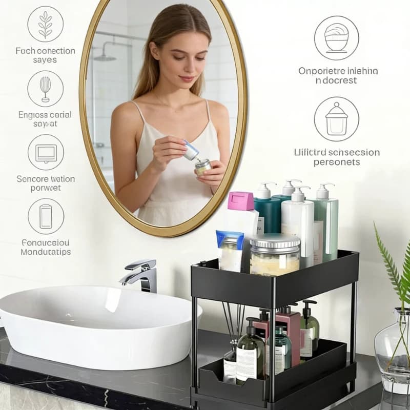 Organizzatore Sottolavello con 5 Ganci, Scaffale Estraibile a 2 Livelli per Cucina, Design Antiscivolo e Stabile per Cassetti Sottopensile