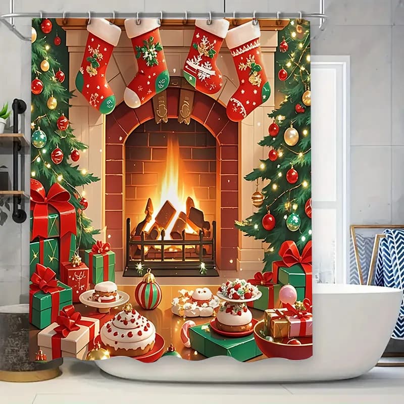 Calda tenda da doccia per vigilia di Natale, set da bagno decorativo con ganci antiruggine, tessuto in poliestere impermeabile non trasparente