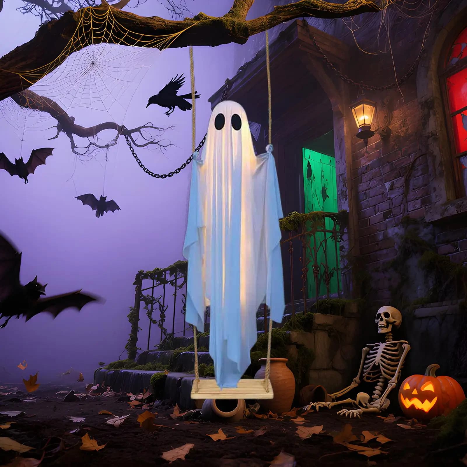 Hanging Ghost Swing Halloween Outdoor Decoration Cute Scary Ghost with String Lights for Tree Porch Yard Garden Lawn Party Decor