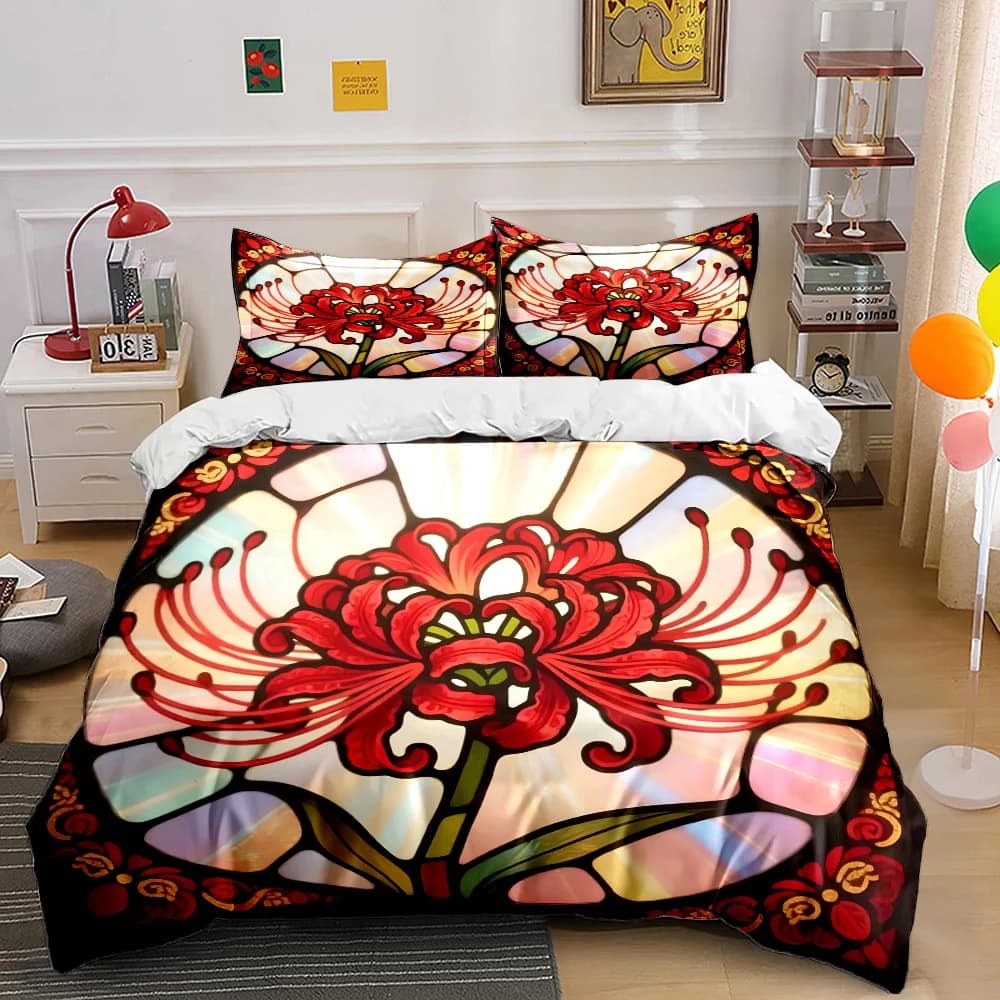 Set di biancheria da letto con stampa di fiori di giglio rosso in vetro colorato, morbido e confortevole, include 1 copripiumino e 2 federe.