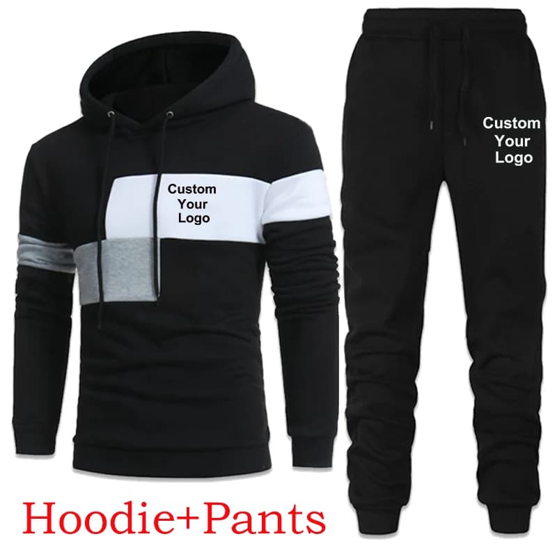 Fashion Customize Your Logo PatchworkTute Men's Casual Athletic Set Full of 2 Pieces Long Sleeved Pullover Hoodie + Pants Set