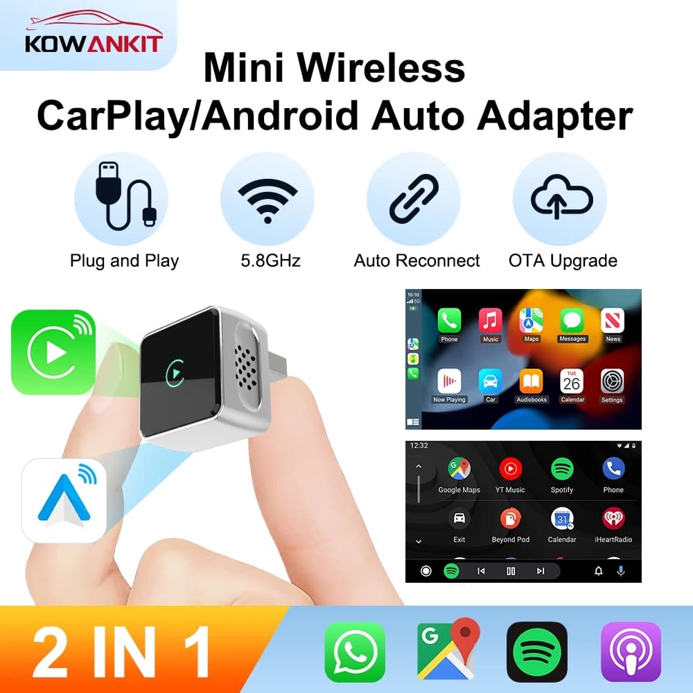 Adattatore wireless CarPlay Android Auto universale per auto Smart AI Mini Box 2in1 Plug & Play Dongle USB KowanKit 2025 Nuovo