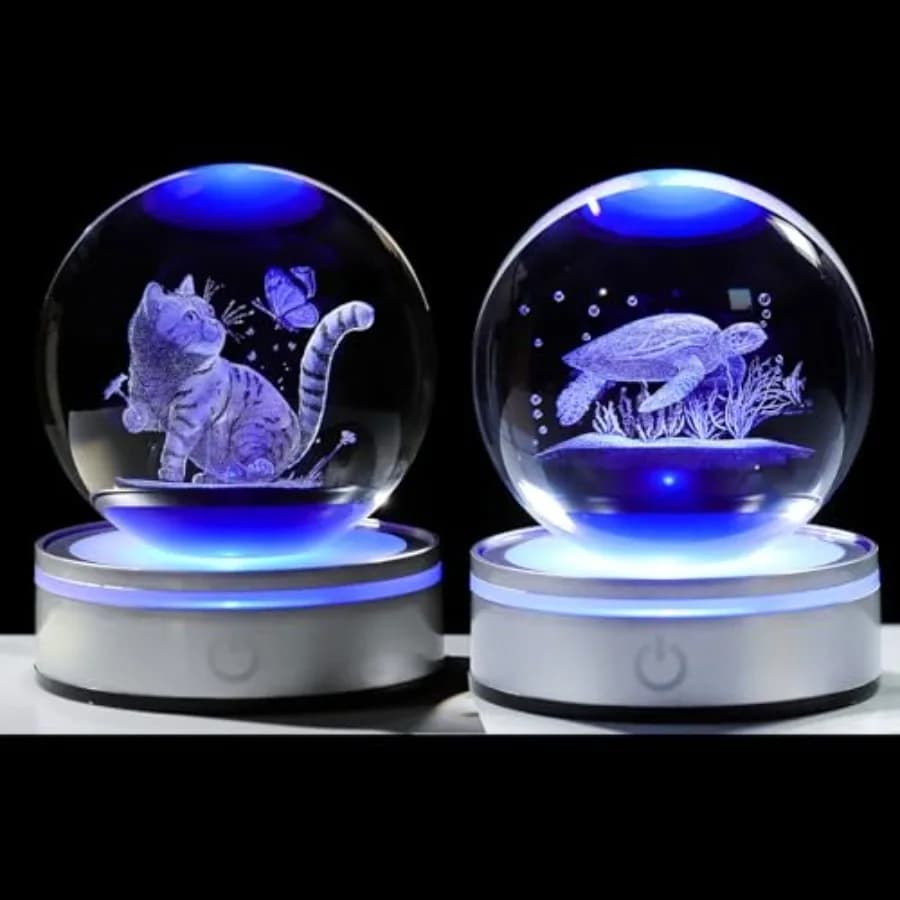 Sfera di Cristallo 3D con Gatto e Tartaruga Marina, Regalo per Donne e Uomini, Decorazione a Tema Marino, Statua con Luce Notturna, Animali in Vetro Incisi al Laser