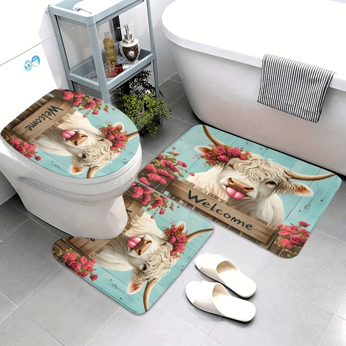 1pc Primavera San Valentino Highland Cow Rose Set tappetino antiscivolo da bagno, tappeto da bagno, sedile WC a forma di U e coprisedile WC
