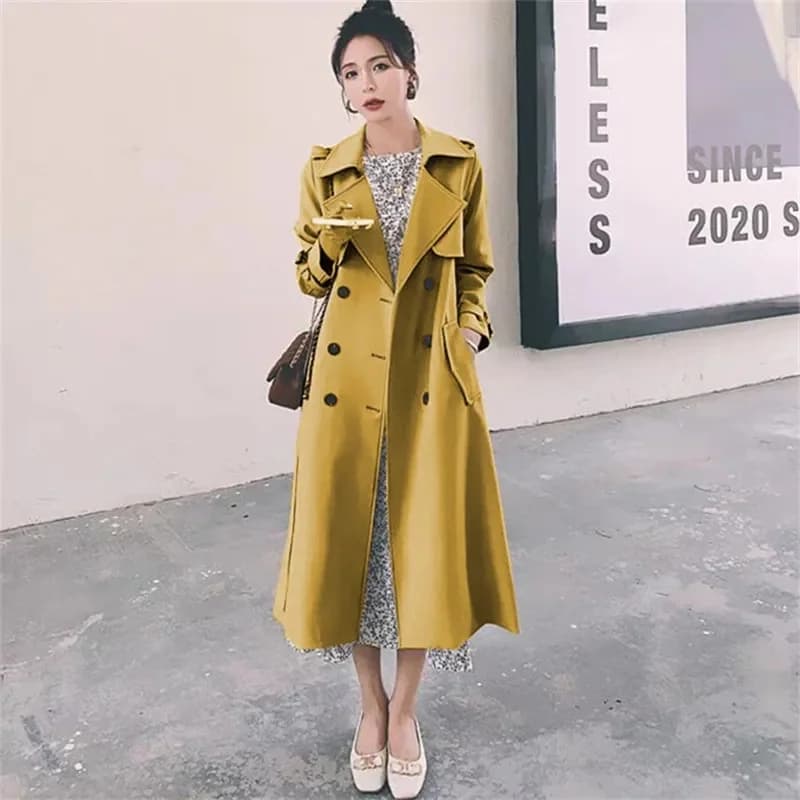 2025 Moda donna con cintura Solido doppio petto Trench Vintage bavero collo maniche lunghe donna chic