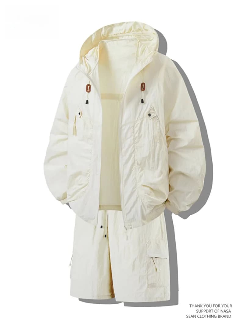 Set di abbigliamento per protezione solare da uomo leggero estivo in seta di ghiaccio asciutto, giacca lunga traspirante e fresca
