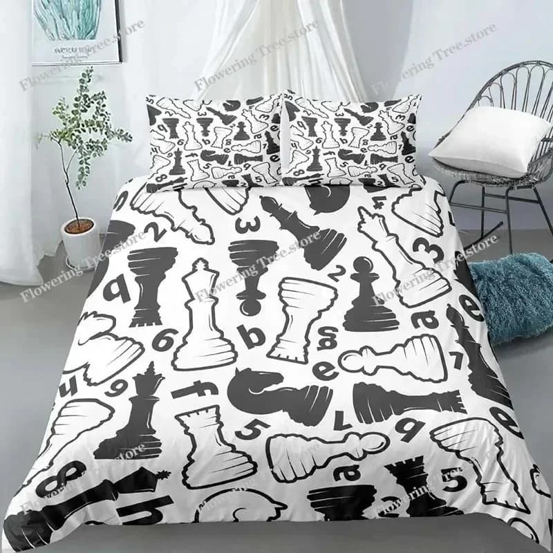 Set Copripiumino Scacchiera Stampa 3D, Copripiumino Scacchi Bianco e Nero per Bambini e Ragazzi, Set Biancheria da Letto in Poliestere