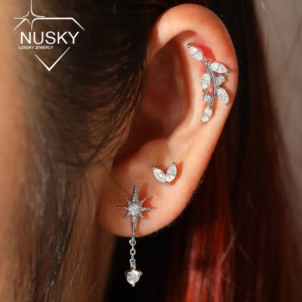 Cartilage Full Moissanite Earrings for Women Cluster Marquise Cut Diamond Helix Flat Back Earring S925 Sterling Silver Jewelry