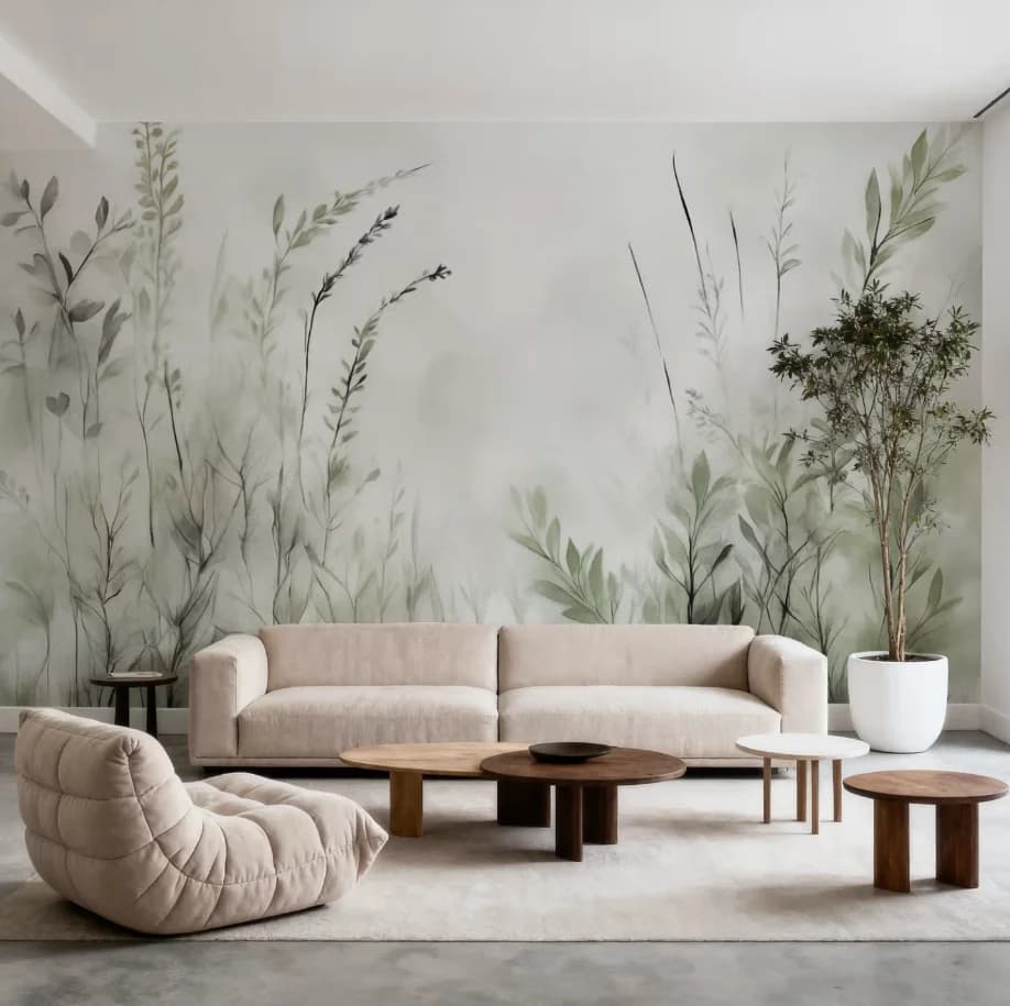 Custom sized mural with sage green leaf watercolor texture wallpaper for bedrooms, living rooms, and natural inspiration murals