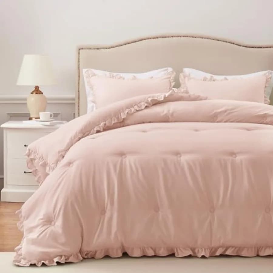 Set copripiumino - Copripiumino shabby chic con volant per letto matrimoniale - Set da 3 pezzi include 1 copripiumino e 2 federe per cuscini