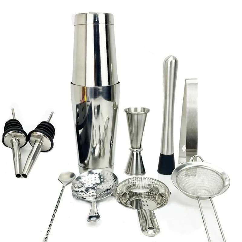 Set da bar Shaker per cocktail: 2 shaker Boston ponderati, set di colino per cocktail, jigger, forchetta e cucchiaio, pinza per ghiaccio e versatore per 2 bottiglie