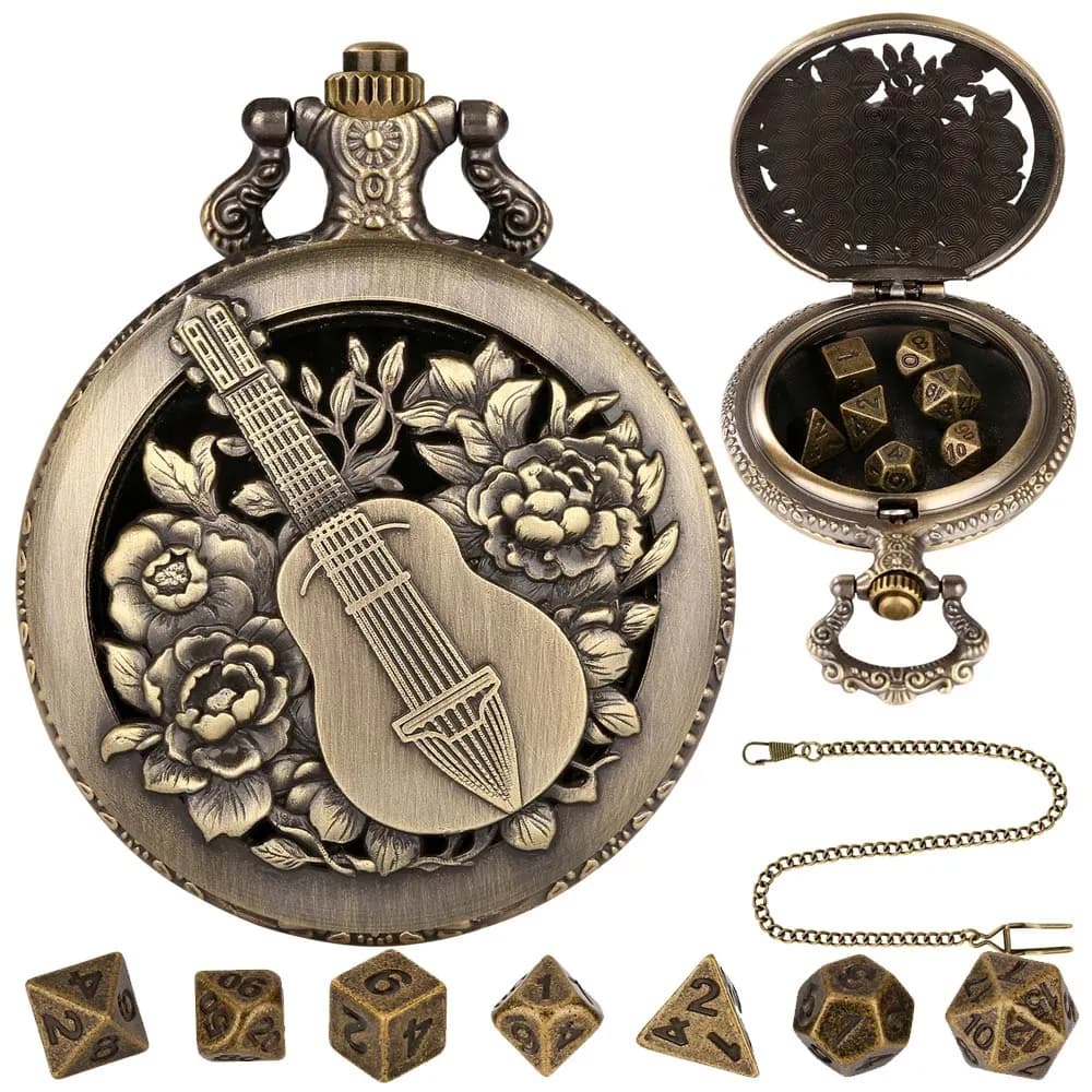 Strumento cinese Pipa Design Bronzo Rosa Cassa per orologio da tasca da uomo con catena con 7 pezzi Regali intestazione per dadi poliedrici in metallo