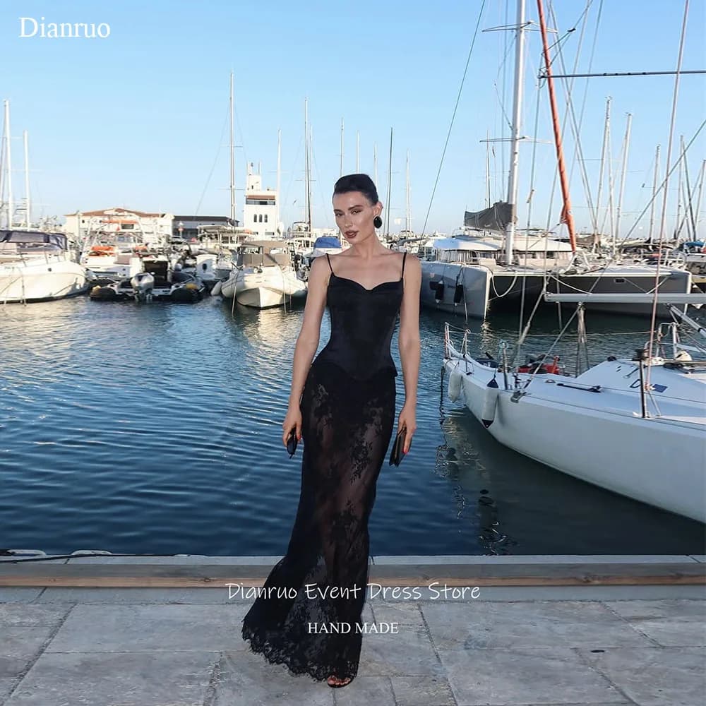 Dianruo Spaghetti Straps See Through Evening Dress Lace Mermaid Vestidos De Novia Appliques Chic Wedding Party Dress Customized