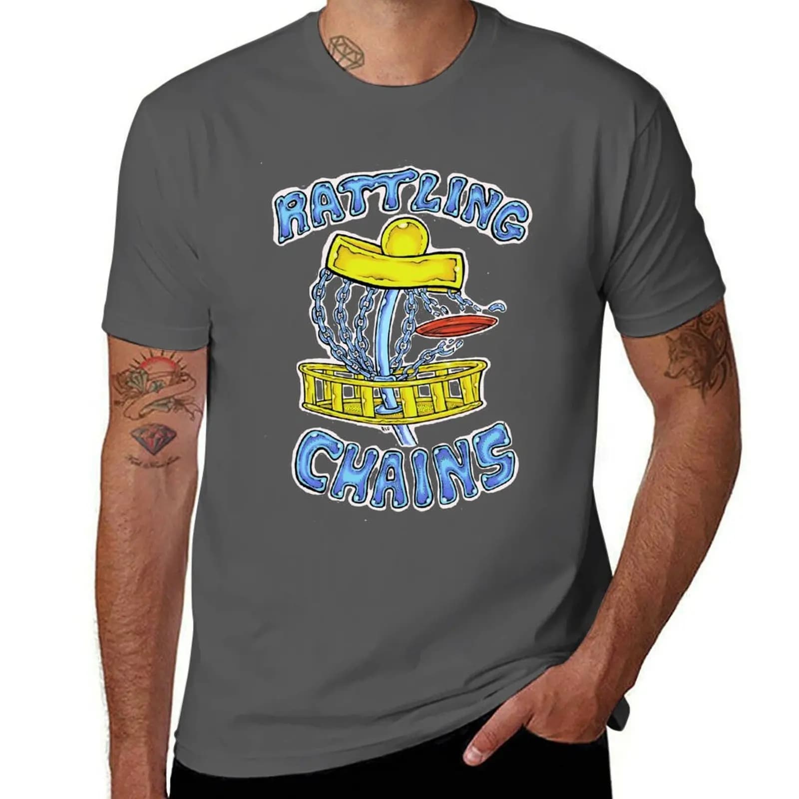 Design Disc Golf Design: T-shirt con catene sonore e design adesivo, T-shirt da lavoro, casual, utilitaria