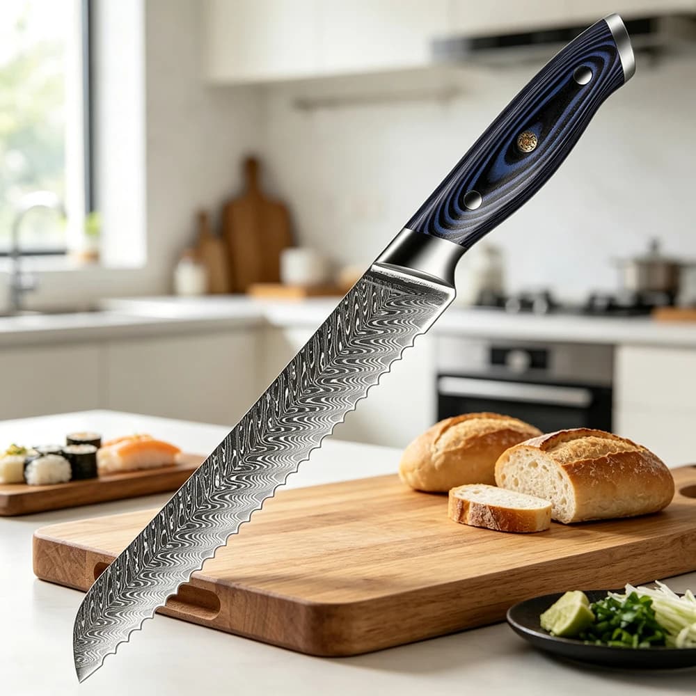 XITUO Damascus Steel Bread Knife 8 inch Serrated Kitchen Knife Cutter For Cutting Bread Cheese Cake Baking Knife Blue G10 Handle