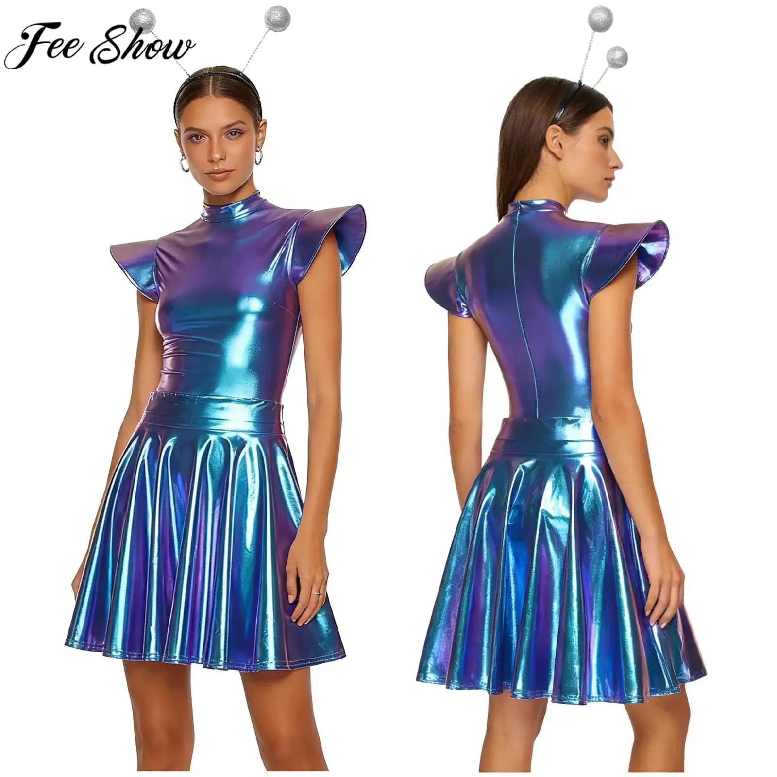 Cosplay Costume for Women Halloween: Alien, Robot, Astronaut, Space Cadetto, Polished Metallic Suit with Hinge and Plissettata Gonna, Included Copricapo