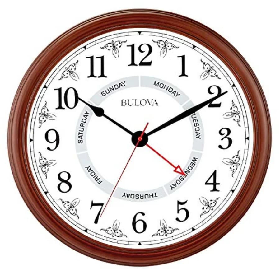Orologio da Parete Daily, Modello C4804 Finitura Marrone Ciliegio Design Moderno Numeri Grandi Facili da Leggere Movimento al Quarzo Funzionamento a Batteria