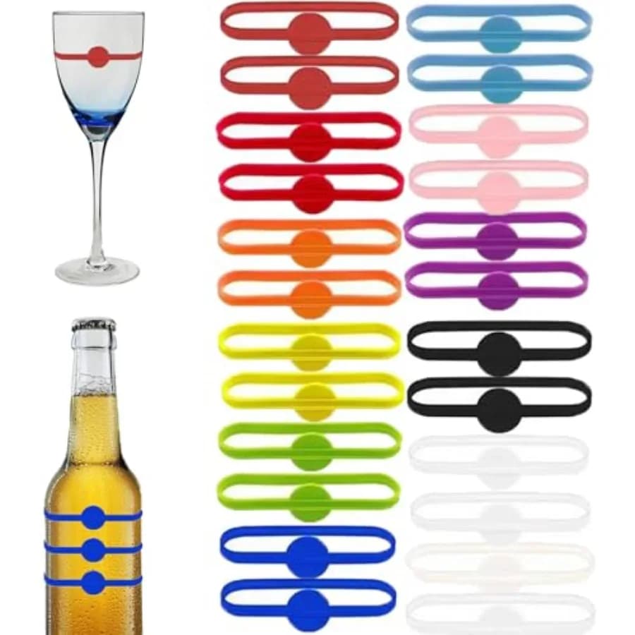 Stretchable Drink Markers 24pcs, Wine Glass Markers, Drink Identifiers for Glasses Cup, Beer Bottle, Mug, Jar, Cocktail Glass,