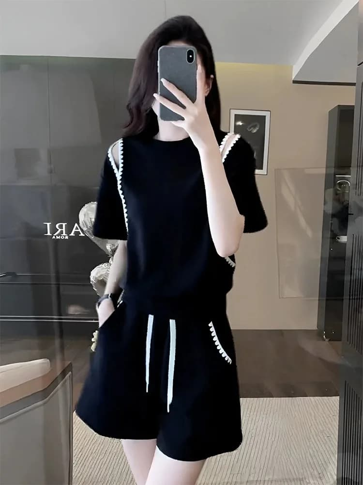 Fashionable Sporty Women's Set round Neck Short Sleeve Top Shorts Two-Piece Ensemble Korean Style Summer New Design