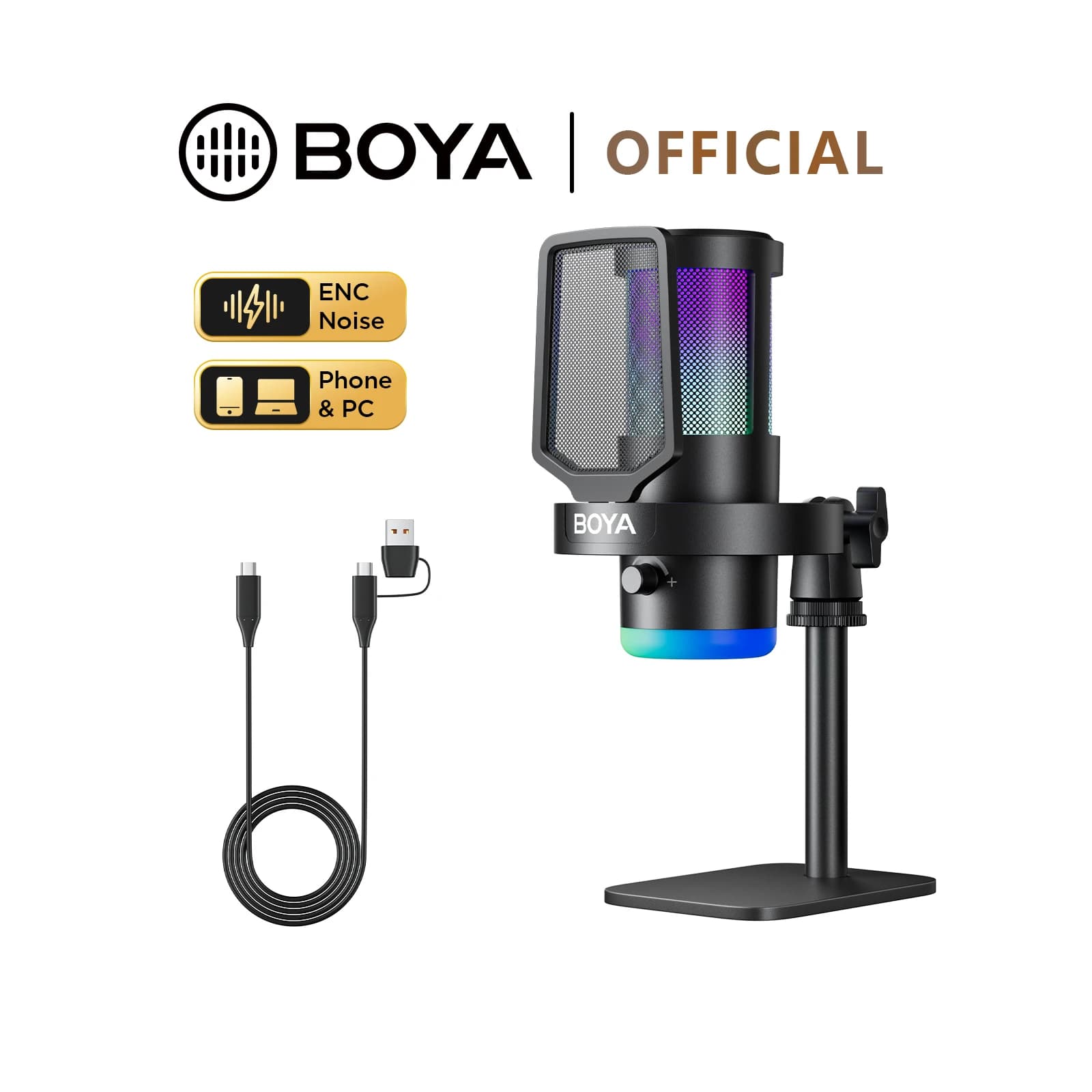 BOYA CastMic G30 USB RGB Gaming Microphone Noise Cancellation Desktop Microphone with Arm, for Live Streaming for PC and Phone