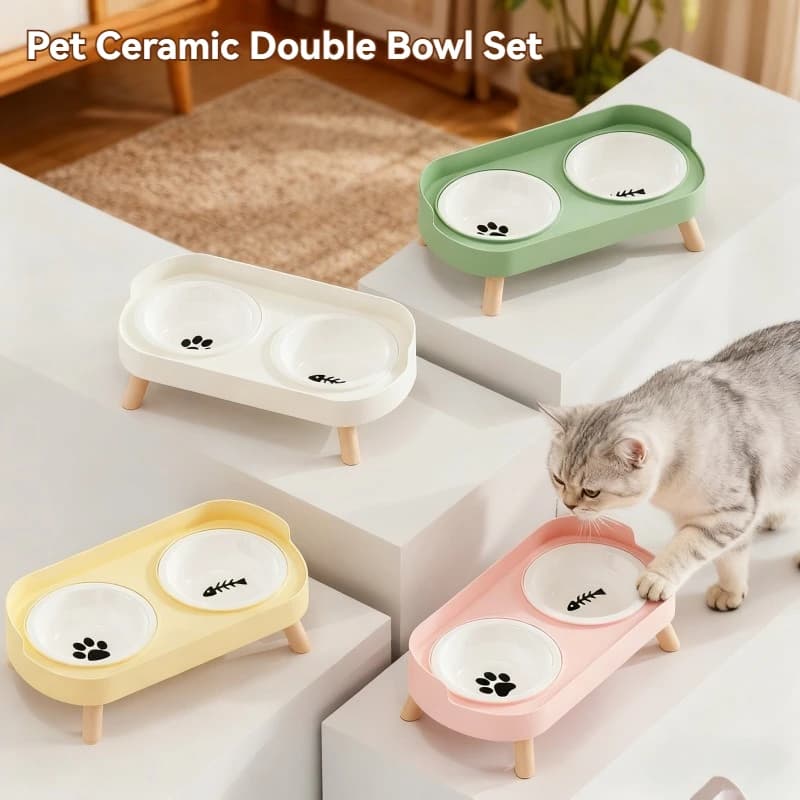 Ceramic Double Cat Bowls, Anti-Tip Pet Feeder, Integrated Food & Water Bowl, Neck Protective Raised Feeding Dish for Cats & Dogs