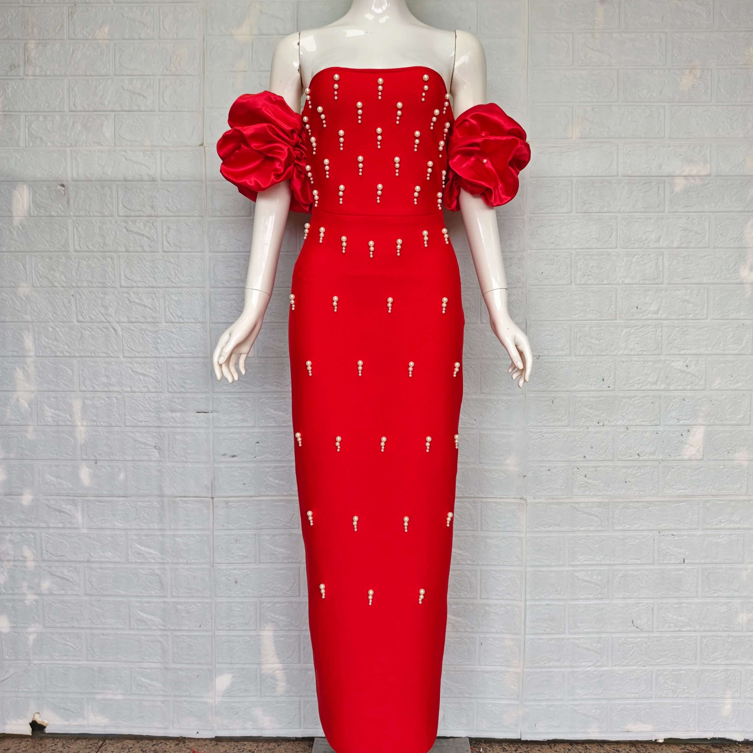 Sexy Red Long Black Strapless Straight Beading Puff Sleeve Off the Shoulder Bodycon Bandage Dress Elegant Women's Evening Dress